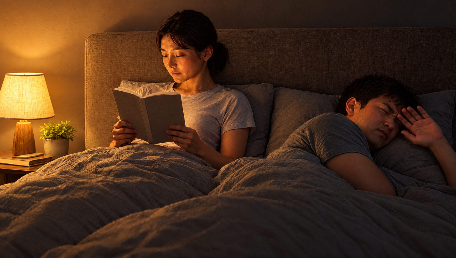 A woman reads by a bedside lamp while her partner shields his eyes from the light