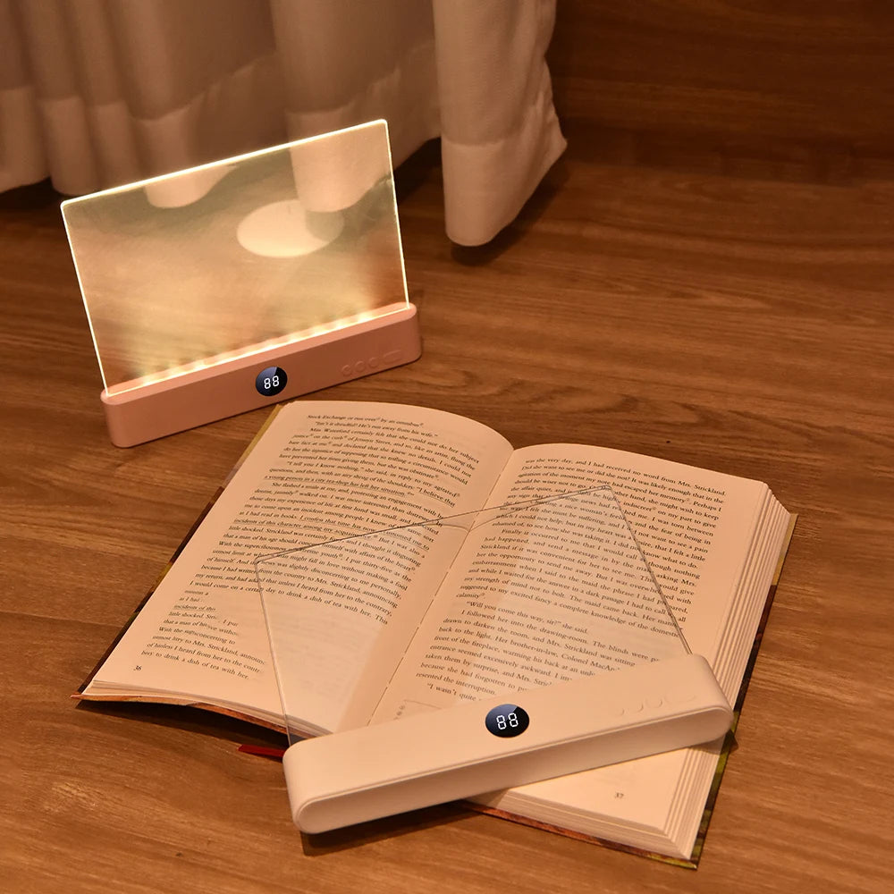 Reading screen and bedside light beside an open book