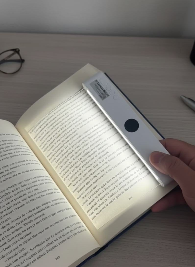 Compact reading screen illuminating one page of an open book