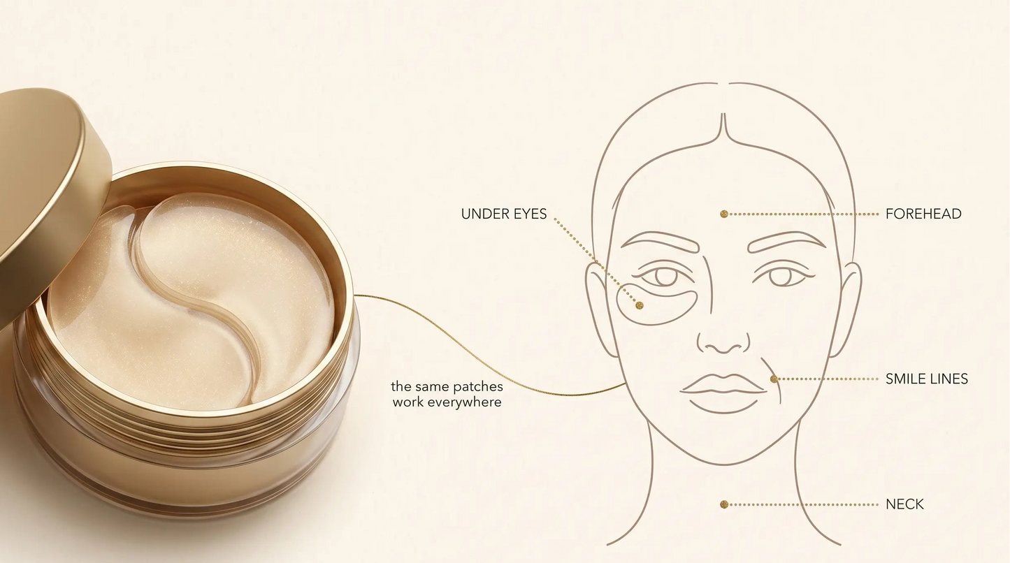 Cosmetic jar with eye patches and a diagram of a face showing application areas.