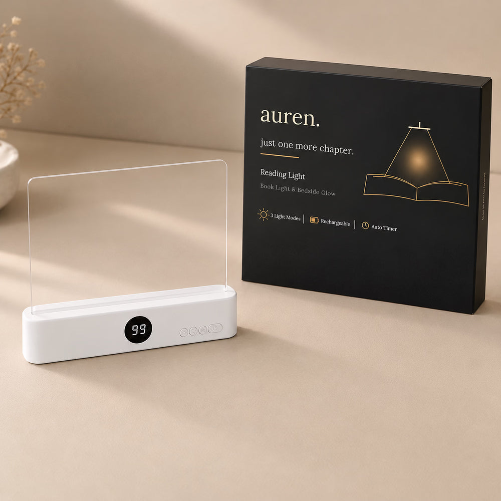 White Auren reading light with clear panel and black retail box on a beige surface.