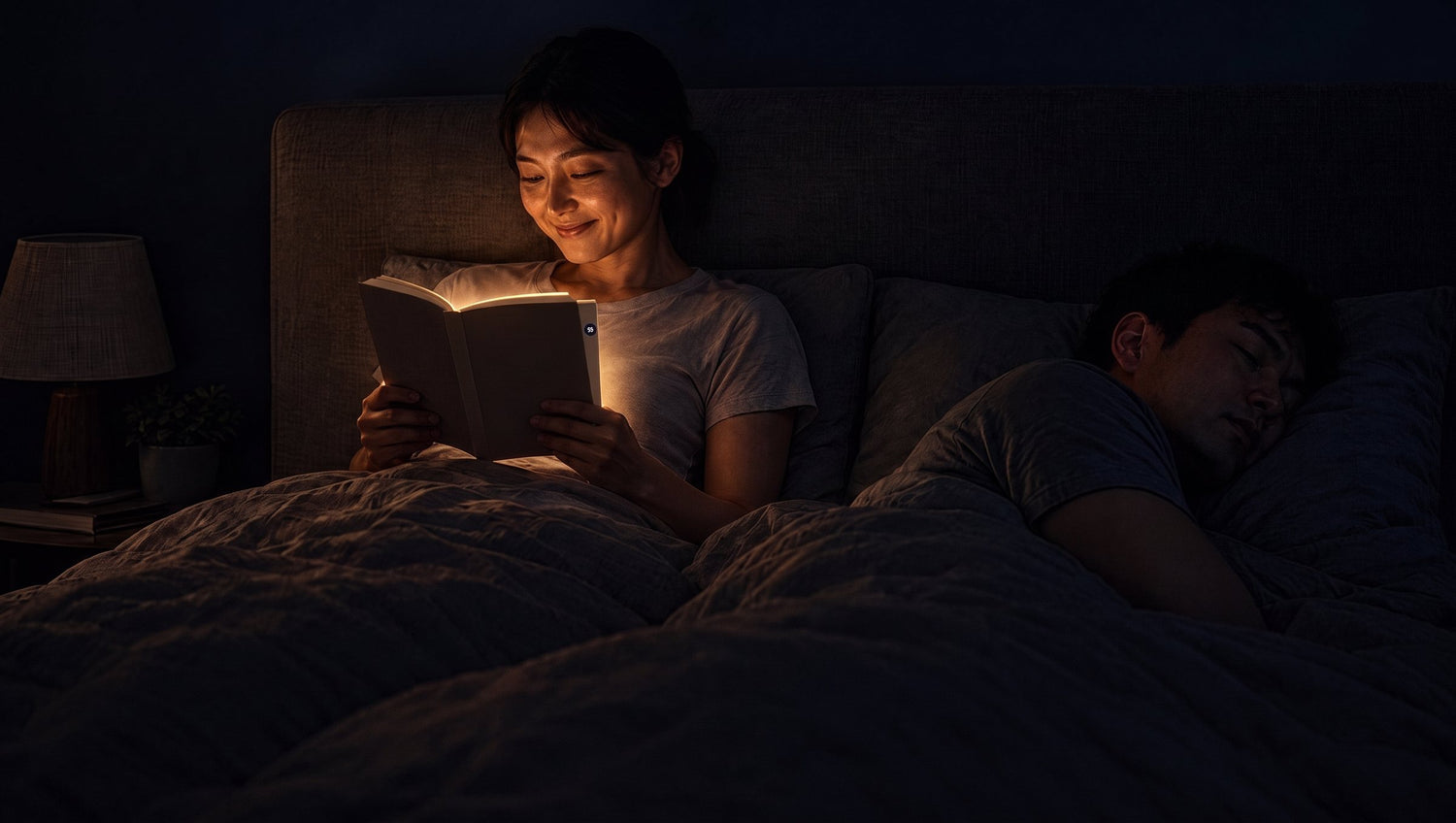The same couple in a dark room: she reads by the Serene Light while he sleeps