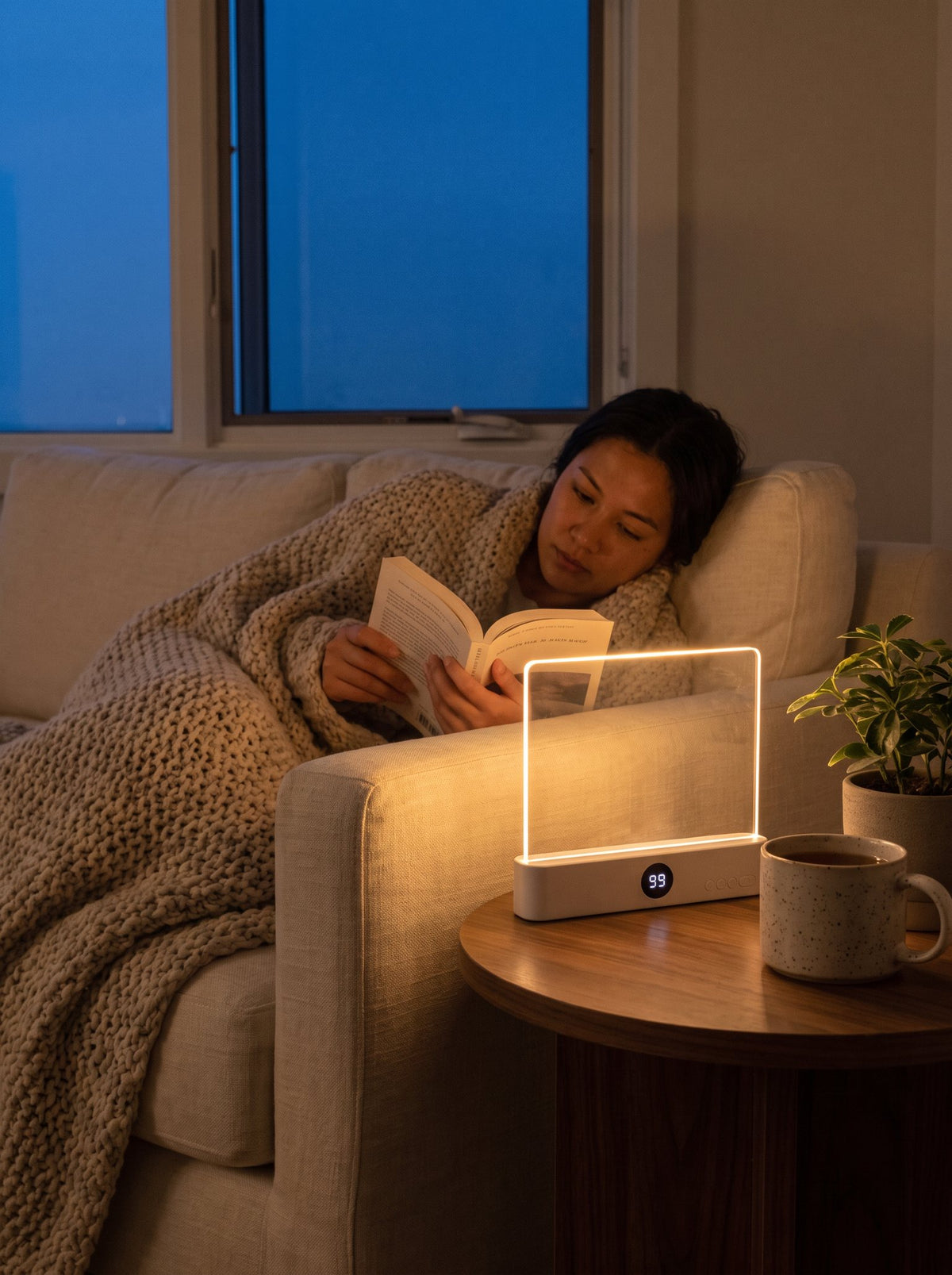 A woman reads under a knit blanket on a sofa at dusk, with the Serene Light glowing on the side table beside her.