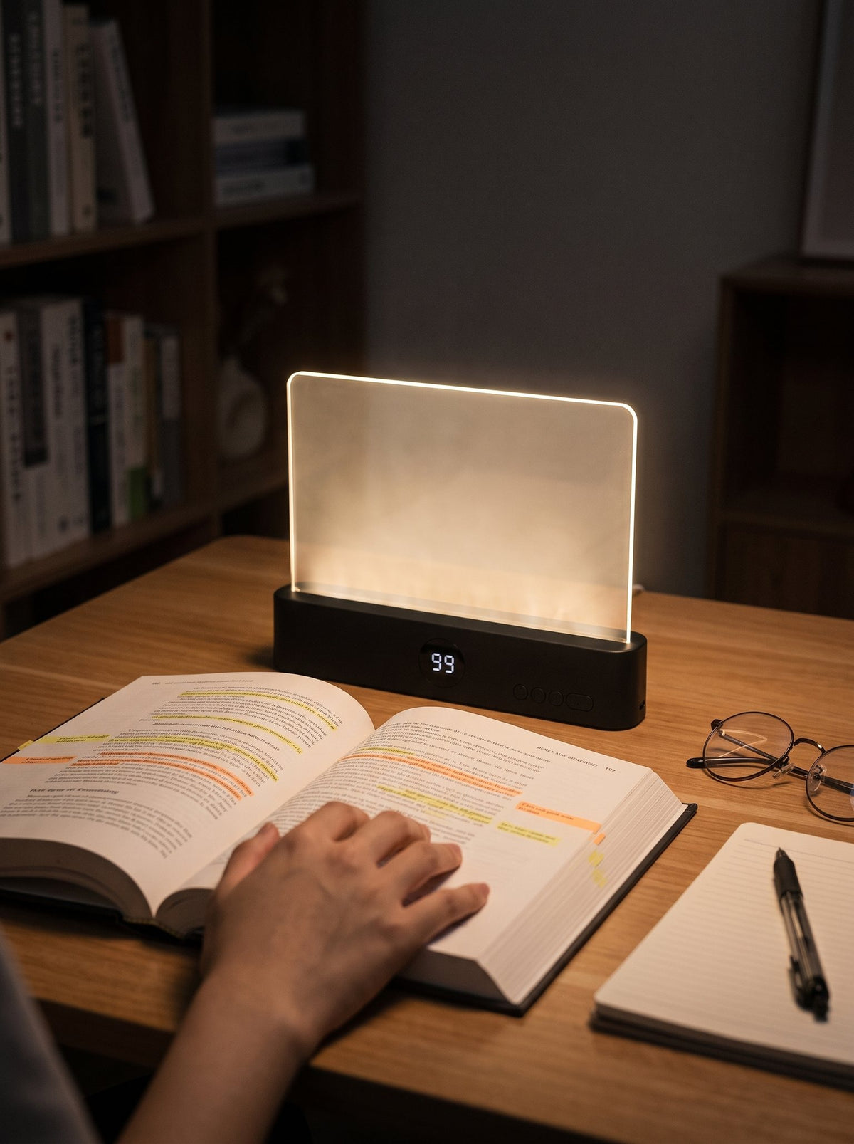 The Serene Light glowing on a wooden desk beside an open, highlighted textbook, with reading glasses and a notebook.